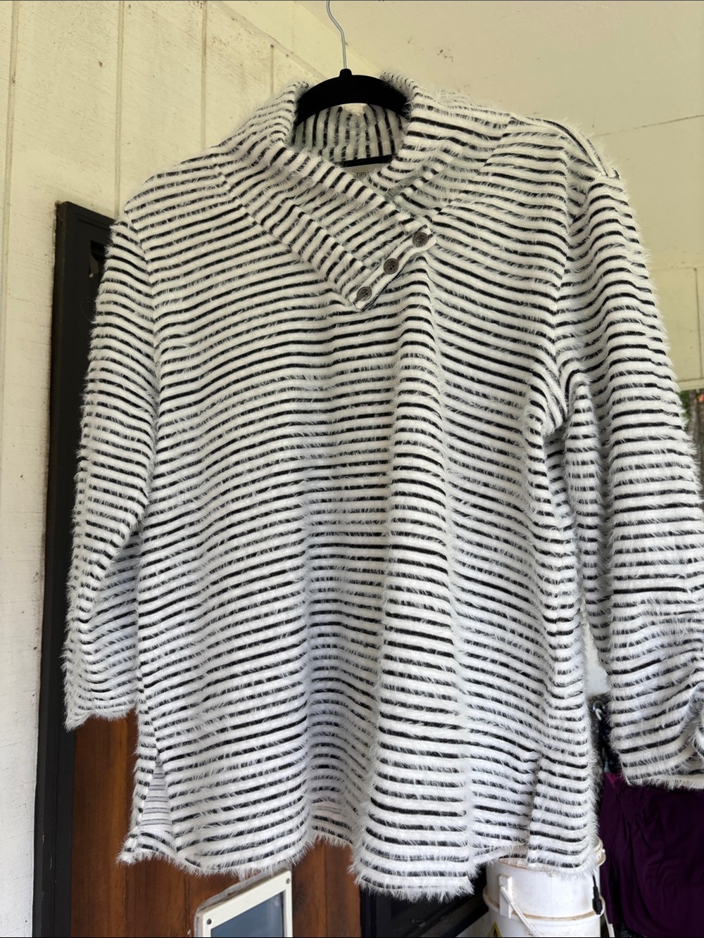 Multiples Black & White Striped Fuzzy Button-Collar Turtleneck Sweater